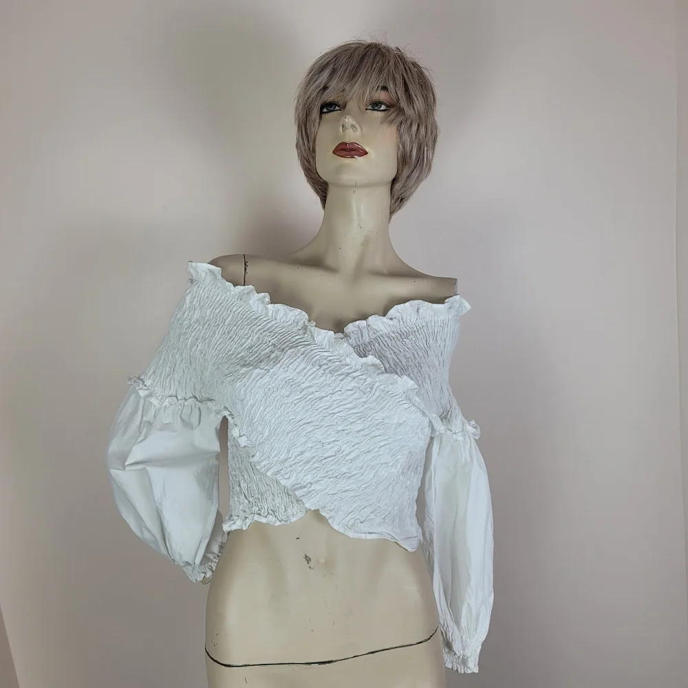 Zara White Smocked Wrap Crop Top 100% Cotton Size Medium